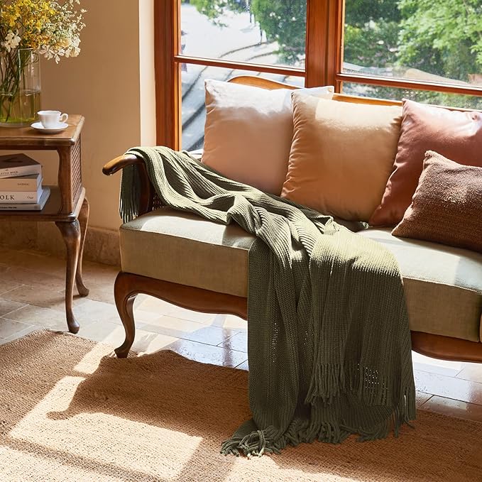 lifein Throw Blanket for Couch, Soft Green Boho Decor Bed Throw,Cozy Knitted Chenille Farmhouse Lightweight Throw for Spring(Olive Green,60 * 80")