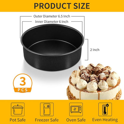 P&P CHEF 6 Inch Cake Pan Set of 3, Non-Stick Round Cake Pans | Round Cake Tins for Tier Smash Cakes, Baking Pans Set & Essential Bakeware, Stainless Steel Core & Leak-Proof