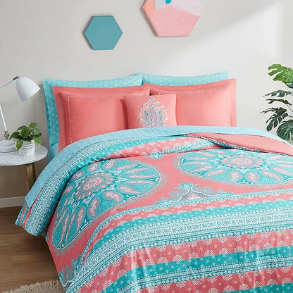Degrees of Comfort Bed in A Bag Queen Size, Boho Mandala 8 Piece Complete Comforter Sets with Sheet for Women, Microfiber Bohemian Colorful Bedding Set, Matching Decorative Pillow, Coral