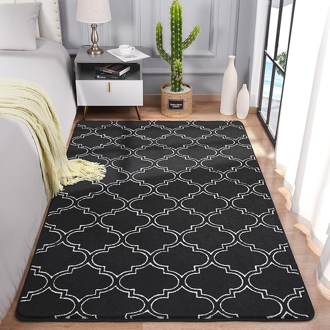 Chicrug Shag Geometric 6x9 Area Rug for Living Room, Large Modern Memory Foam Indoor Carpet, Fluffy Rug for Bedroom Bedside Room Decor for Family Girls Kids Nursery, Black/White