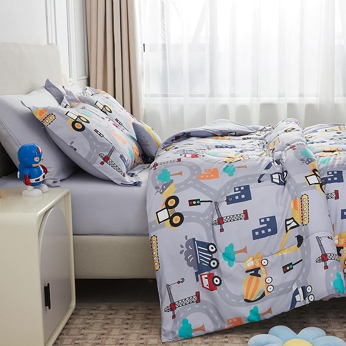 Mooreeke Bed in a Bag for Kids Boys Teens, 8 Pieces Full Size Comforter Bed Set with Shams, Sheet Set and Decorative Toy Pillow, Excavator Super Soft Microfiber Kids Comforter Bedding Set