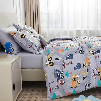 Mooreeke Bed in a Bag for Kids Boys Teens, 8 Pieces Full Size Comforter Bed Set with Shams, Sheet Set and Decorative Toy Pillow, Excavator Super Soft Microfiber Kids Comforter Bedding Set