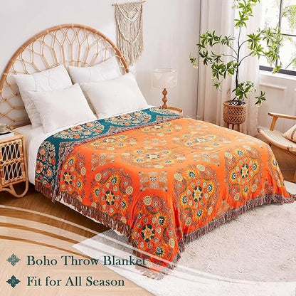 Boho Throw Blanket, 100% Cotton Ultra Soft Luxury Throw Rustic Quilt, 80"x90" Floral Printed Farmhouse Decor Bed Summer Blankets, All Season Rustic Reversible Bohemian Throw for Bed - Orange