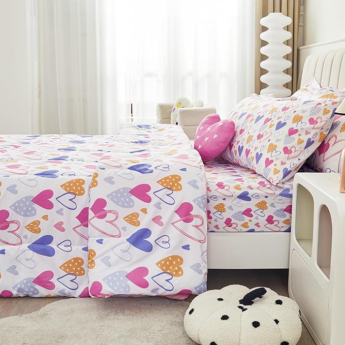 Mooreeke Full Size Comforter Sets for Girls Kids, 8 Pieces Bed in a Bag Pink Heart Bedding Comforter Sheet Set with Shams and Decorative Toy Pillow, Ultral Soft Microfiber Kids Bed Set