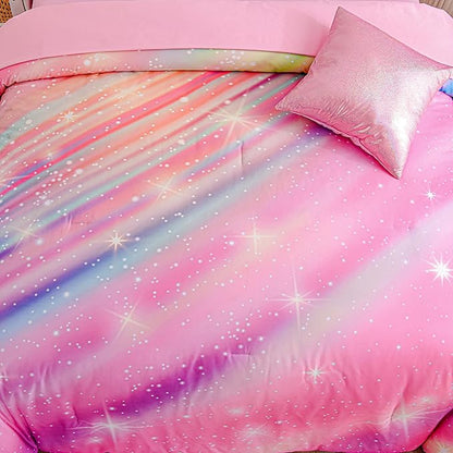 Btargot 6 Pieces Pink Gradient Star Ring Comforter Set for Boys Girls Teens, Twin Size Colorful Glitter Rainbow Star Galaxy Bedding Set