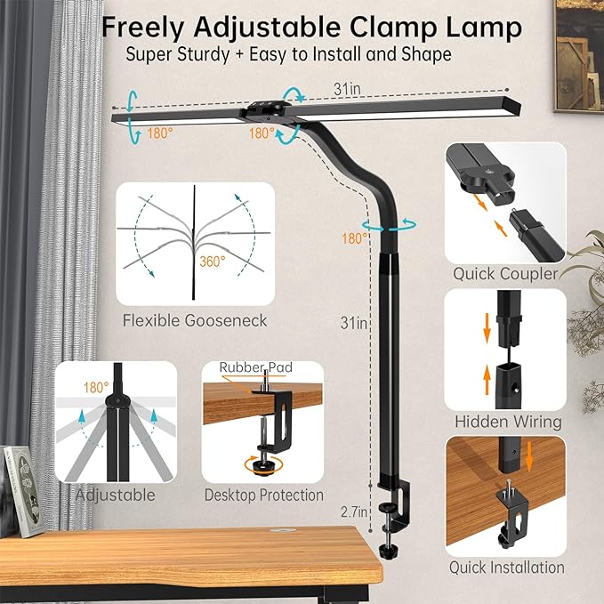 LED Desk Lamp for Home Office, Bright Adjustable Gooseneck Architect Desk Lamp with Clamp, Smart Dimmable Computer Desk Lamp with Remote & Sensor, Clip Table Light for Work Study Reading, 24W