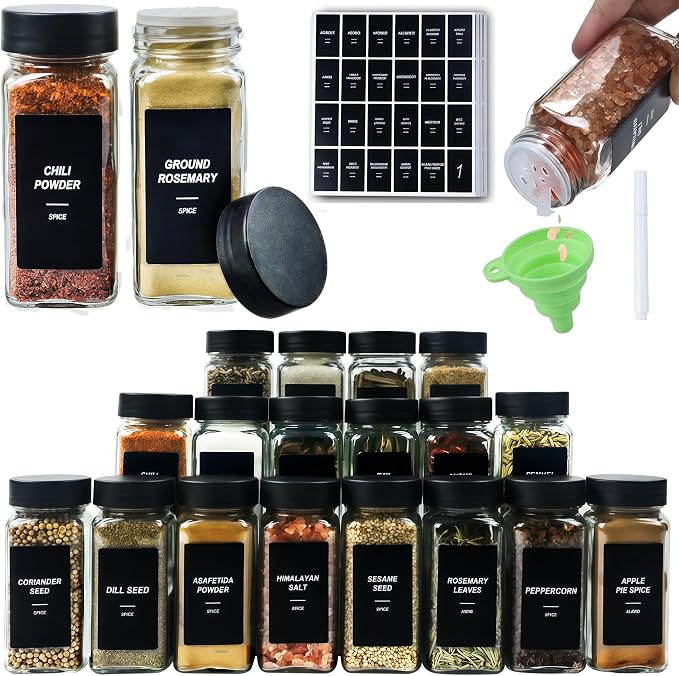24 Spice Jars with Labels, 4oz Seasoning Jars for Cabinets, Drawers, Racks | Lead-free glass seasoning containers with black airtight lids, and they are dishwasher safe
