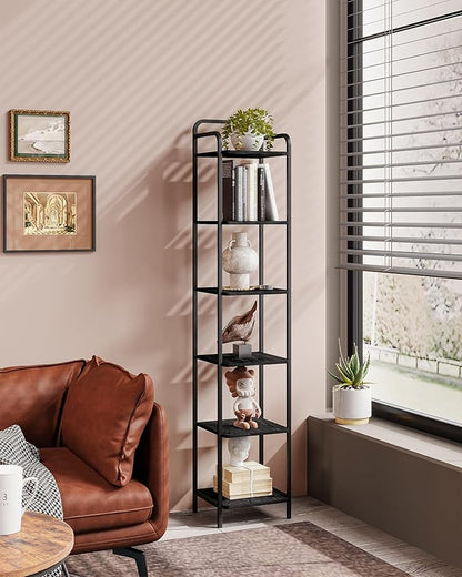 Bookcase Bookshelf, Narrow Book Shelf, Industrial Coner Shelf Storage Organizer, Slim Shelving Unit for Home Office, Living Room, Bedroom, Kitchen, 6-Tier Black BC24604B