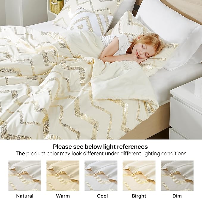Codi Cream White and Gold Comforter Set for Full/Queen Size Bed, Cute Metallic Ivory Bed Sets, 4 Piece (2 Matching Shams + 1 Decorative Pillow)