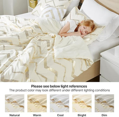 Codi Cream White and Gold Comforter Set for Full/Queen Size Bed, Cute Metallic Ivory Bed Sets, 4 Piece (2 Matching Shams + 1 Decorative Pillow)