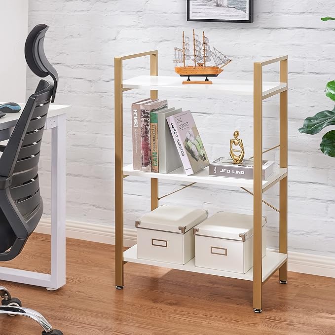 BEWISHOME 3 Tier Bookshelf, Modern Small Book Shelf for Small Spaces, White Gold Wooden Shelves for Bedroom Living Room and Home Office, 13.78" D x 24.12" W x 37.09" H, JCJ42M