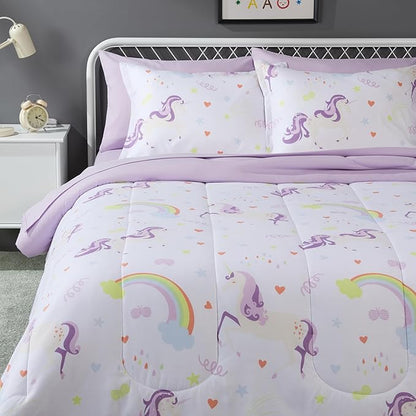 Amazon Basics Microfiber Kid's Bed-in-a-Bag 7 Piece Bedding Set, Full/Queen, Unicorn Print