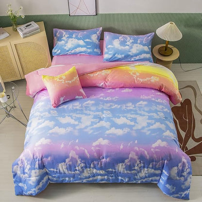 PERFEMET White Cloud Print Girls Comforter Set Queen Size 6 Pieces Teen Girl Tie Dye Bedding Set Colorful Rainbow Bed in A Bag Comforter Set with Sheets