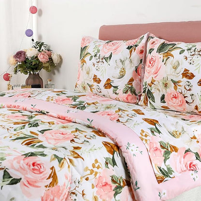 DILIMI Twin Comforter Set for Girls, Reversible Pink Floral Comforter Twin Size Bed, 5 Pieces Ultra Soft Twin Bedding Sets with Comforter, Flat Sheet, Fitted Sheet, 2 Pillowcase