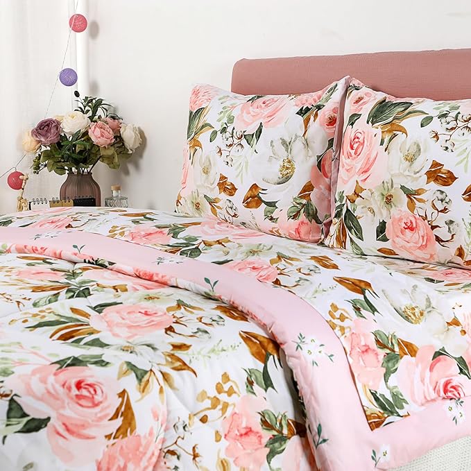 DILIMI Full Size Comforter Set for Girls, Reversible Comforter Full Size, 5 Pieces Ultra Soft Pink Floral Full Size Bed Comforter Sets with Sheet, Comforter, Flat Sheet, 2 Pillowcase