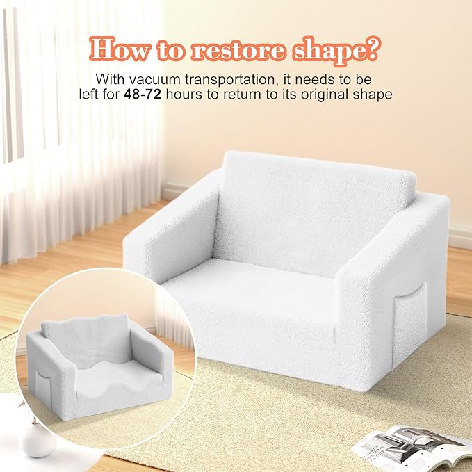 Extra Wide 2 Seater Kids Couch, 2-in-1 Toddler Chairs for Boys & Girls, Kids Sofa with Storage, Comfortable Mini Couch for Kids, Fun Kids Lounge Chair, Toddler Furniture,Children's Gifts(white)