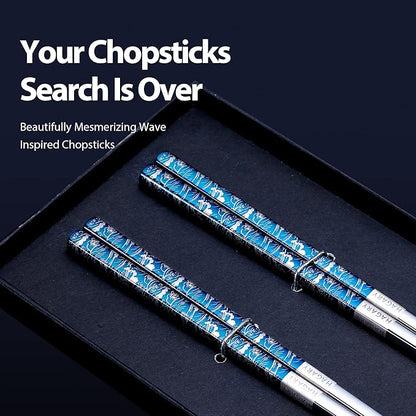 Hagary Blue Wave Chopsticks 2 Pairs Metal Chopsticks Reusable Designed In Korea Japanese Style Stainless Steel 316 18/10 Non-Slip Dishwasher Safe