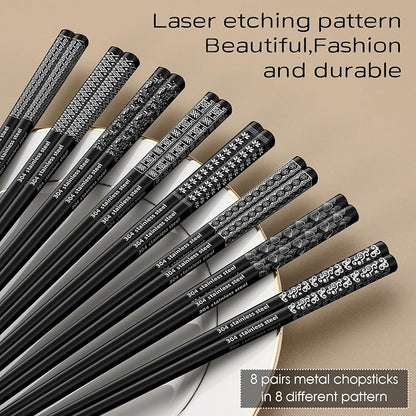 8 Pairs Metal Chopsticks Reusable Black Stainless Steel Chopsticks Set Laser Engraved Non-slip Japanese Korean Chinese Chopstick for Cooking Eating Dishwasher Safe 9.25" Chop Sticks Gift Set