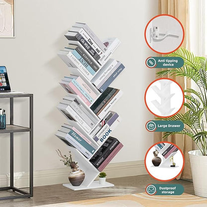 10 Tier Tree Book Shelf, Floor Standing Wood Bookshelf for Narrow Space, Storage Organizer Bookshelves for Books/CDs/Magazine, Bookcase with Shelves for Home Office, Living Room - White