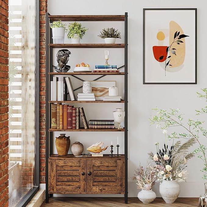 IRONCK Bookshelf and Bookcase with 2 Doors and 5 Shelves, 27.6" W Standing Storage Cabinet for Living Room, Home Office, Bedroom, Washroom, Vintage Brown