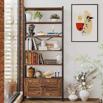 IRONCK Bookshelf and Bookcase with 2 Doors and 5 Shelves, 27.6" W Standing Storage Cabinet for Living Room, Home Office, Bedroom, Washroom, Vintage Brown