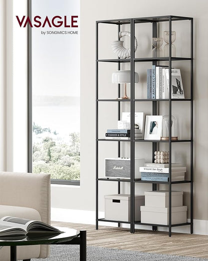 VASAGLE Bookcase, 6-Tier Bookshelf, Slim Shelving Unit for Bedroom, Bathroom, Home Office, Tempered Glass, Steel Frame, Ink Black and Slate Gray ULGT500G01