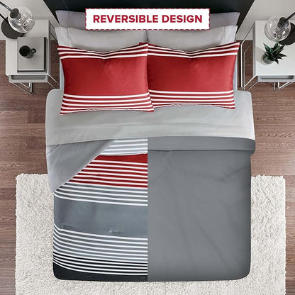 Comfort Spaces Twin XL Comforter Sets with Sheets - Bed in a Bag 6 Pieces Teen Bedding Sets Twin XL, Red and Grey Stripes Bedding Twin XL, College Twin XL Bed Set with 2 Side Pockets Bedroom Organizer