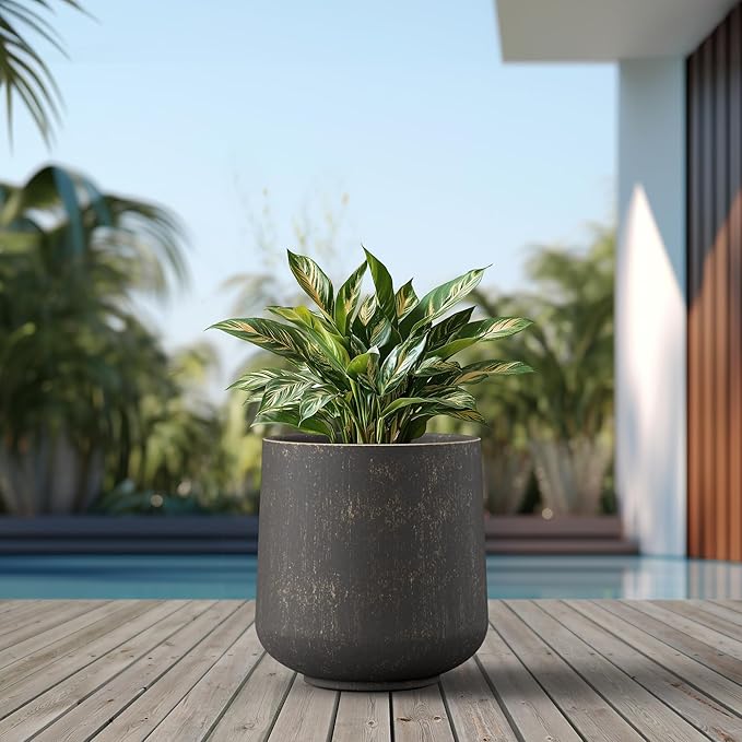 Kante 15.3" Dia Round Concrete Planter, Outdoor Indoor Large Plant Pots Containers with Drainage Hole and Rubber Plug for Home Garden Patio, Oil Rubbed Bronze