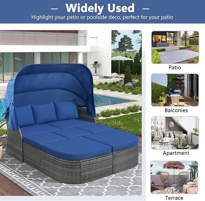 Rectangle Furniture Daybed Sunbed with Retractable Canopy, Outdoor Wicker Conversation Set with Cushions for Patio, Backyard, Porch, Garden, Onesize, Bb-Blue