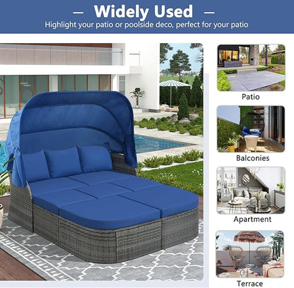 Rectangle Furniture Daybed Sunbed with Retractable Canopy, Outdoor Wicker Conversation Set with Cushions for Patio, Backyard, Porch, Garden, Onesize, Bb-Blue
