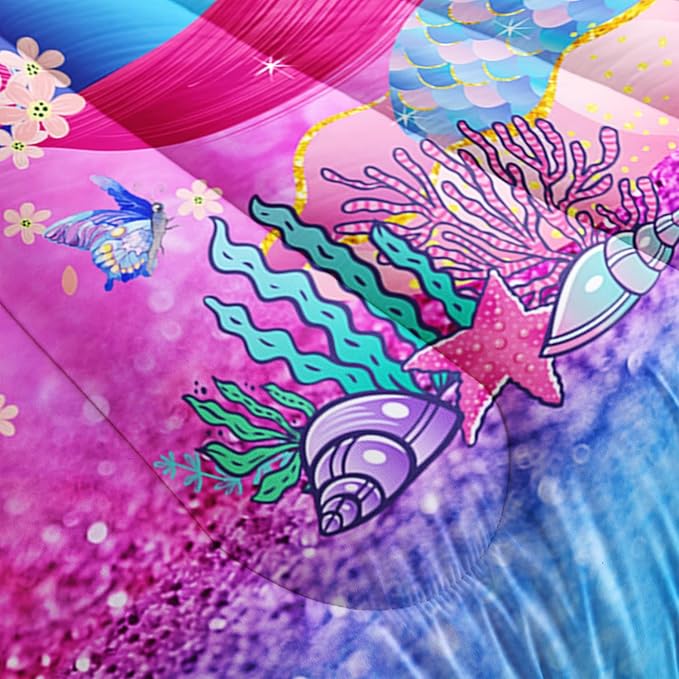 Mermaid Butterfly Comforter Set Full Size Fairy Tale Sea Shell Grass Bedding Set Colorful Rainbow Quilt Bed Set for Kid Girls with 1 Comforter and 2 Pillowcases