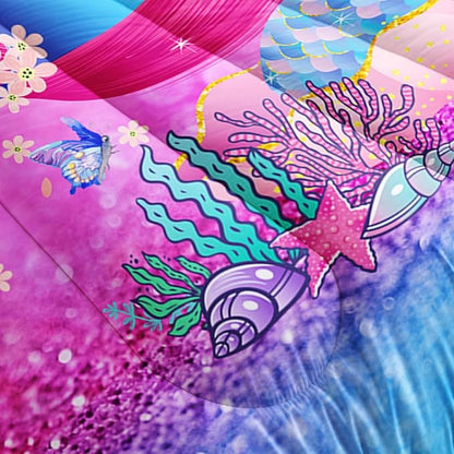 Mermaid Butterfly Comforter Set Twin Size Fairy Tale Sea Shell Grass Bedding Set Colorful Rainbow Quilt Bed Set for Kid Girls with 1 Comforter and 2 Pillowcases