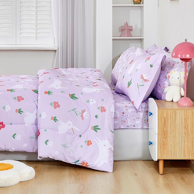 Mooreeke Bed in a Bag for Kids Girls Teens, 7 Pieces Full Size Comforter Bed Set with Shams, Sheet Set, Rabbit Purple Super Soft Microfiber Kids Comforter Bedding Set
