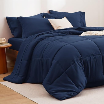 Bedsure Navy King Comforter Set - 7 Pieces Solid King Bed in a Bag, King Bed Set Navy with Quilted Warm Fluffy Comforters, Sheets, Pillowcases & Shams