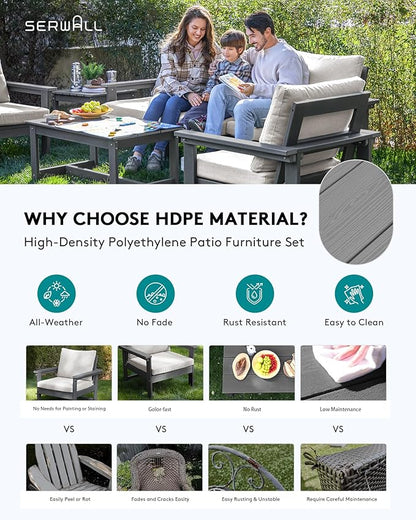 SERWALL HDPE Patio Coversation Set, 7-piece Outdoor Sectional Sofa Set, All Weather Patio Couch Set Patio Furniture for Balcony, Deck, Navy Frame with Grey Cushion