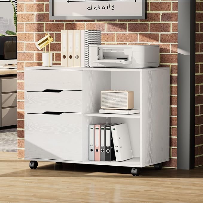 Sweetcrispy 3-Drawer File Cabinet, Lateral Mobile Filing Cabinet Wood Under Desk Storage Organizer with Wheels, Printer Stand & Open Shelves for Home Office Organization - White
