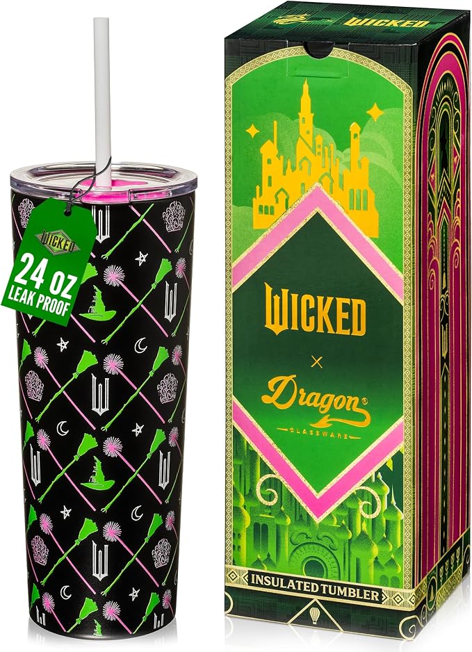 Dragon Glassware x Wicked Stainless Steel Tumbler with Straw, 24 oz - Green | Vacuum Insulated Wicked Cup with Lid & Straw For Water & Iced Tea; Official Wicked Merch