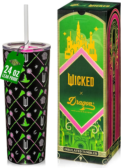 Dragon Glassware x Wicked Stainless Steel Tumbler with Straw, 24 oz - Green | Vacuum Insulated Wicked Cup with Lid & Straw For Water & Iced Tea; Official Wicked Merch