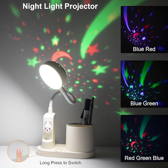 Cute Kids Desk Lamp 2000mAh Rechargeable Kawaii Desk Lamp with Star Projection & Pen Holder, Aesthetic Kids Bedside Lamp with Flexible Gooseneck/ 3 Level Brightness/Eye-Caring for Reading, Study