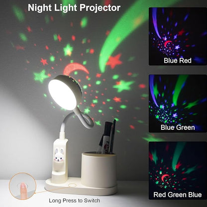 Cute Kids Desk Lamp 2000mAh Rechargeable Kawaii Desk Lamp with Star Projection & Pen Holder, Aesthetic Kids Bedside Lamp with Flexible Gooseneck/ 3 Level Brightness/Eye-Caring for Reading, Study