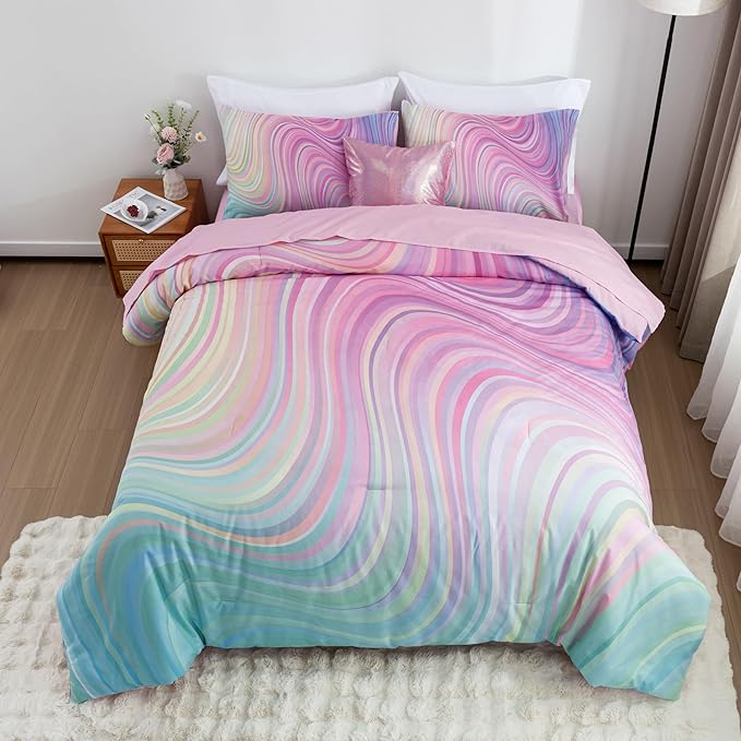 Btargot Super Soft 6 Pieces Gradient Wavy Line Comforter Set, Colorful Glitter Rainbow Star Pattern Bedding Set for Boys Girls Teens, Queen Pink Green