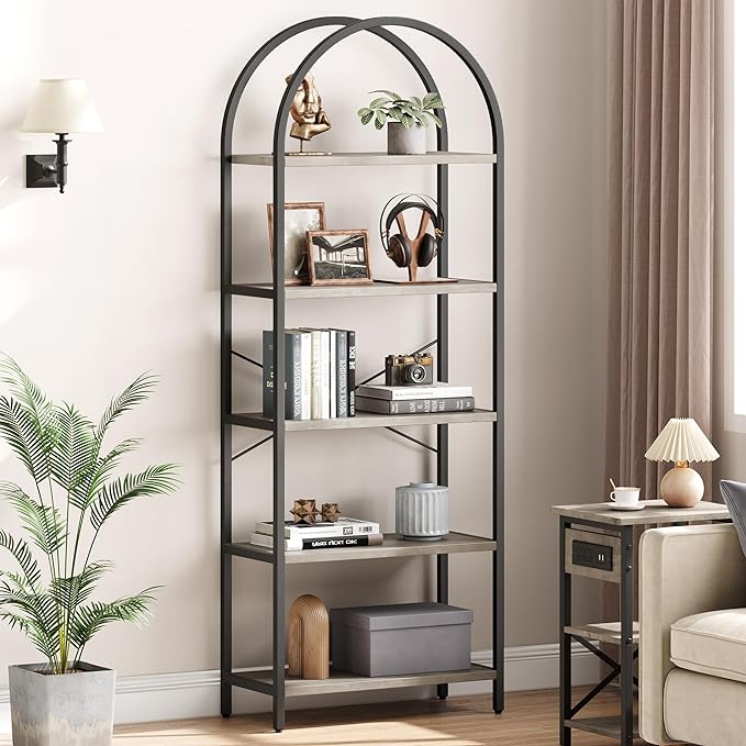 IDEALHOUSE Bookshelf 5 Tier Bookcase Arched Display Racks Tall Standing Bookshelves Metal Frame Farmhouse Storage Rack Shelf Grey Book Shelf for Bedroom, Living Room, Home Office
