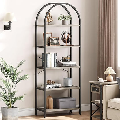 IDEALHOUSE Bookshelf 5 Tier Bookcase Arched Display Racks Tall Standing Bookshelves Metal Frame Farmhouse Storage Rack Shelf Grey Book Shelf for Bedroom, Living Room, Home Office