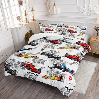Axolotl Racing Car Comforter Set Twin Size,Extreme Sports Boys Bedding Set for Boys Teens Girls Car Racing Gifts,Race Cars Quilt Bed Set with 1 Comforter 2 Pillowcases,Multi Color
