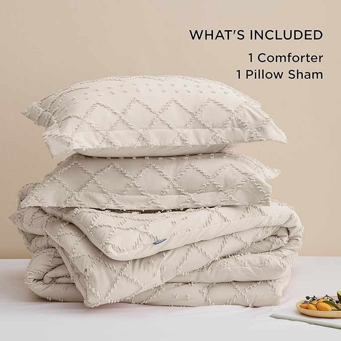 Bedsure Twin XL Comforter Set - Beige Twin Extra Long Comforter Set for College, Shabby Chic Dorm Bedding Set, 2 Pieces Boho Farmhouse Bed Set, includes 1 Pillow Sham