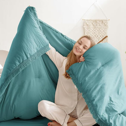 Andency Aqua Tassel Comforter Set Full(79x90Inch), 3 Pieces(1 boho Comforter, 2 Pillowcases) Farmhouse Shabby Chic Comforter Set, Soft Microfiber Lightweight Fringe Bedding Comforter Set