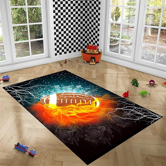 Football Rug Football Decor for Boys Bedroom Football Rug Water and Fire Cool Room Decoration Soccer Rug for Boys Room Football Printed Rug for Kids Room Playmat Rugs for Kids Room Living Room,4'×5'