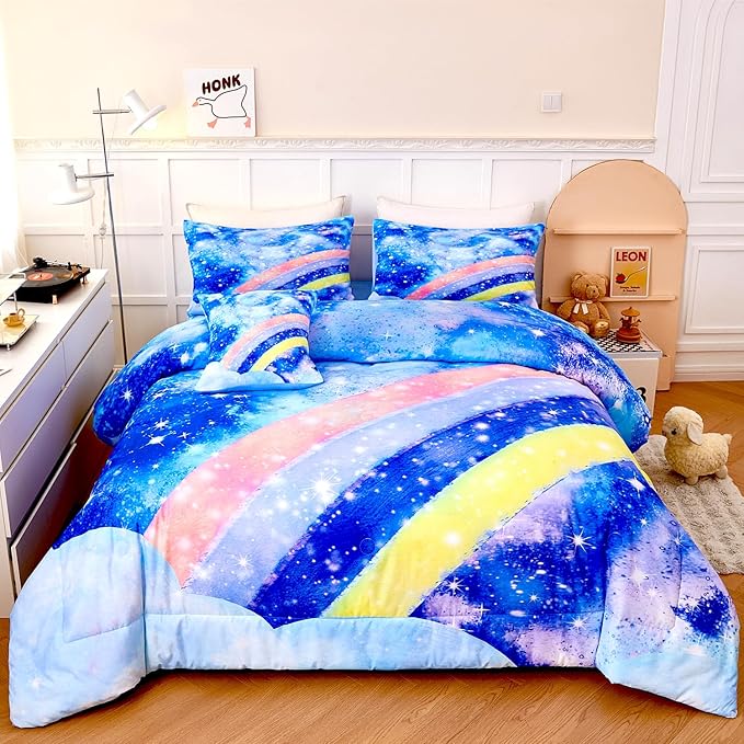 Tie Dye Queen Comforter Sets for Girls 6 Pieces Glitter Rainbow Bed in A Bag for Kids Gradient Galaxy Bed Set Soft Lightweight Colorful Bedding Set for All Season