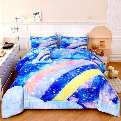 Tie Dye Queen Comforter Sets for Girls 6 Pieces Glitter Rainbow Bed in A Bag for Kids Gradient Galaxy Bed Set Soft Lightweight Colorful Bedding Set for All Season