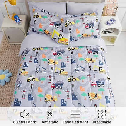 Mooreeke Bed in a Bag for Kids Boys Teens, 8 Pieces Full Size Comforter Bed Set with Shams, Sheet Set and Decorative Toy Pillow, Excavator Super Soft Microfiber Kids Comforter Bedding Set